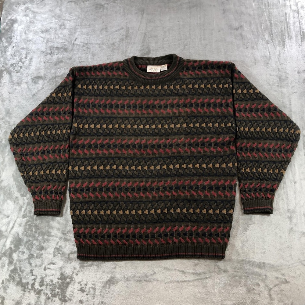 Vintage New River Sweater Mens XL Green Wool Blend Crewneck Geometric Knit Korea